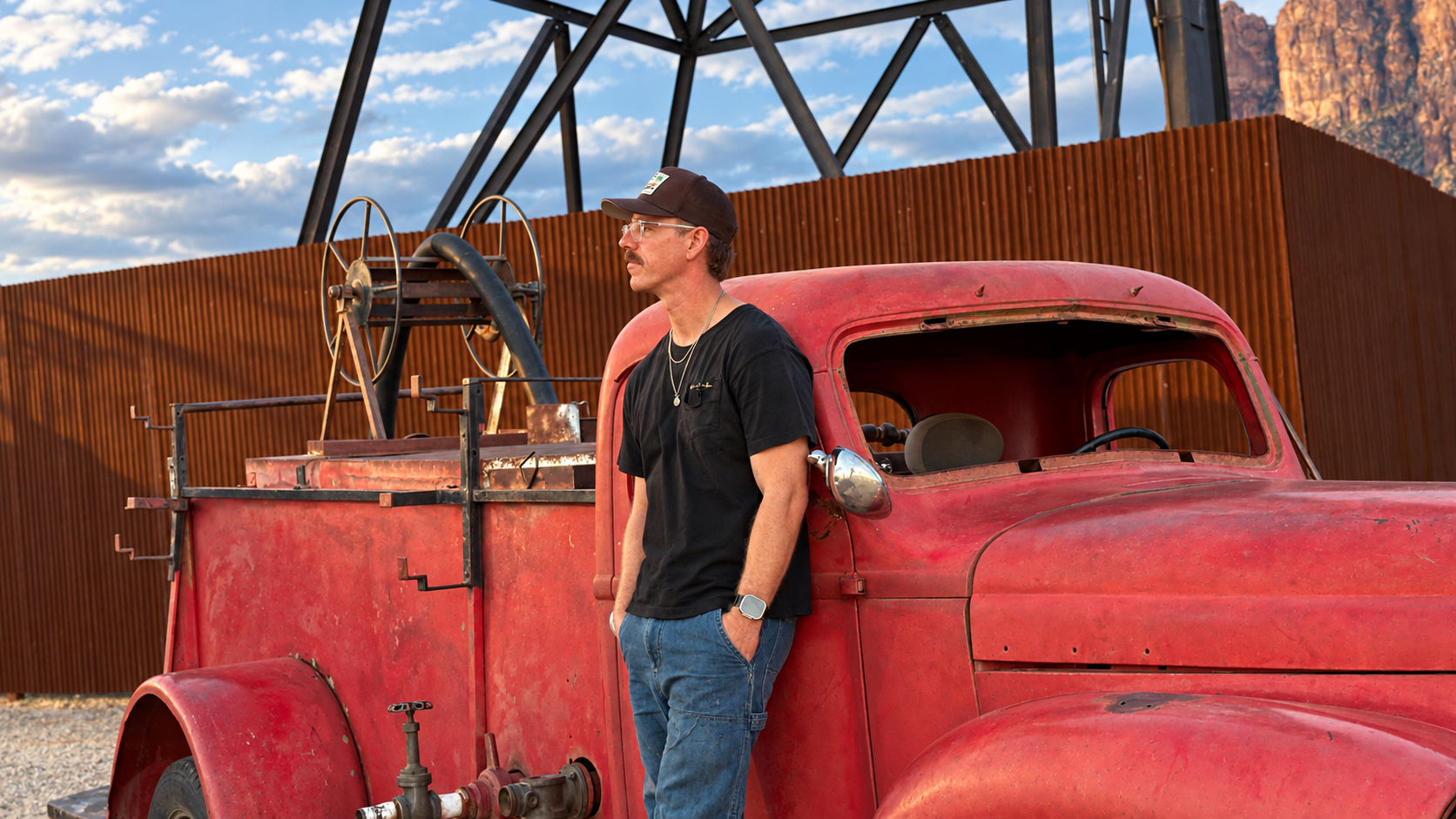 Adam beside a red vintage truck beneath a steel bridge in warm sunlight.